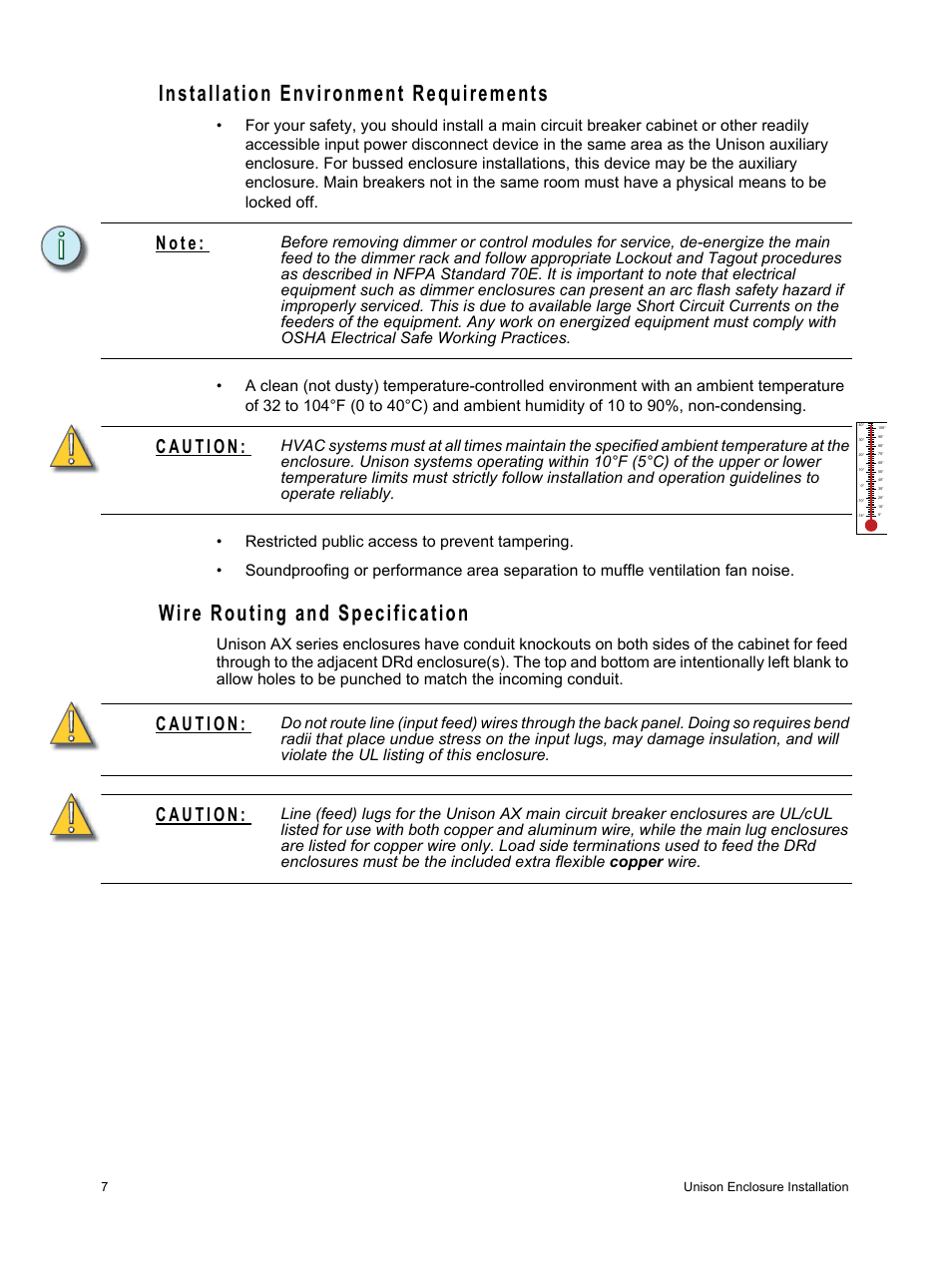 Installation environment requirements, Wire routing and specification, N o t e | ETC Unison Auxiliary Enclosure Series User Manual | Page 10 / 24