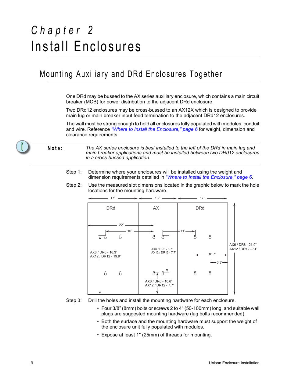 Install enclosures, Mounting auxiliary and drd enclosures together, N o t e | ETC Unison Auxiliary Enclosure Series User Manual | Page 12 / 24