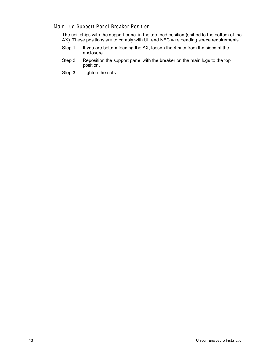 Main lug support panel breaker position | ETC Unison Auxiliary Enclosure Series User Manual | Page 16 / 24