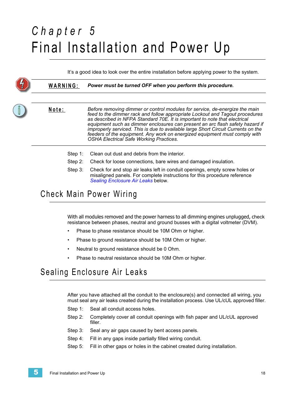 Final installation and power up, Check main power wiring, Sealing enclosure air leaks | See “sealing enclosure air leaks” on | ETC Unison Auxiliary Enclosure Series User Manual | Page 21 / 24