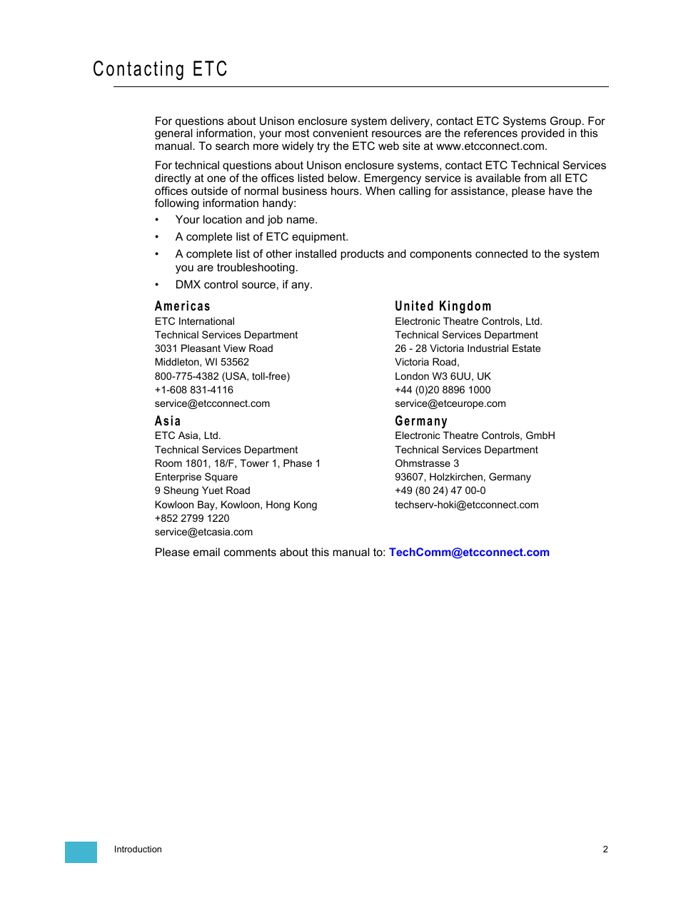 Contacting etc | ETC Unison Auxiliary Enclosure Series User Manual | Page 5 / 24