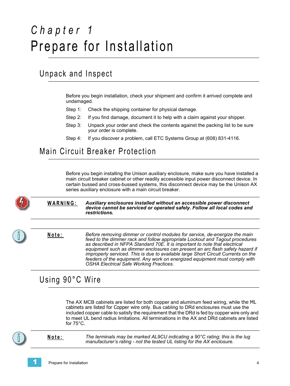 Prepare for installation, Unpack and inspect, Main circuit breaker protection | Using 90°c wire | ETC Unison Auxiliary Enclosure Series User Manual | Page 7 / 24