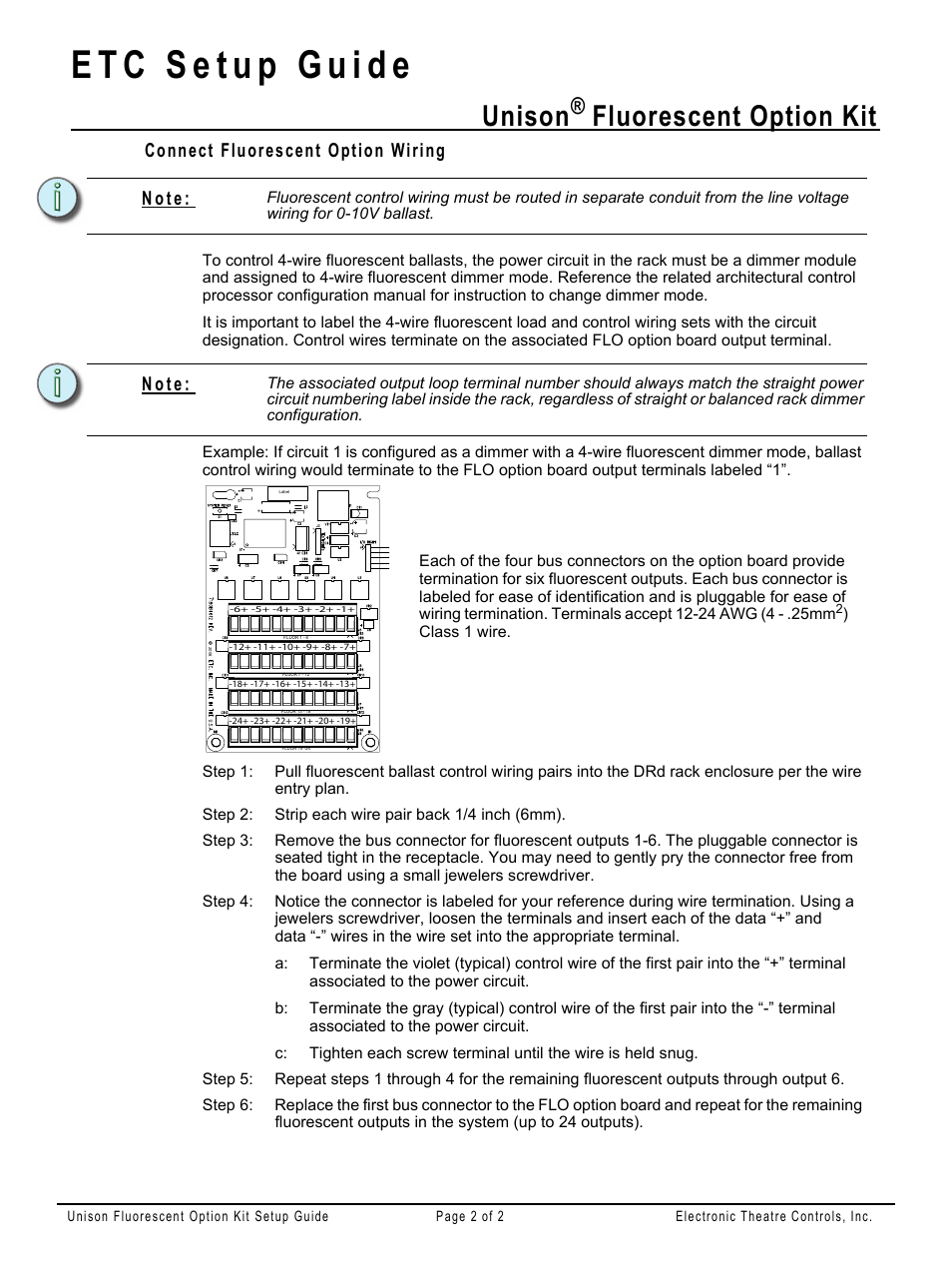 Connect fluorescent option wiring, Unison, Fluorescent option kit | N o t e | ETC Unison Fluorescent Option Kit User Manual | Page 2 / 2
