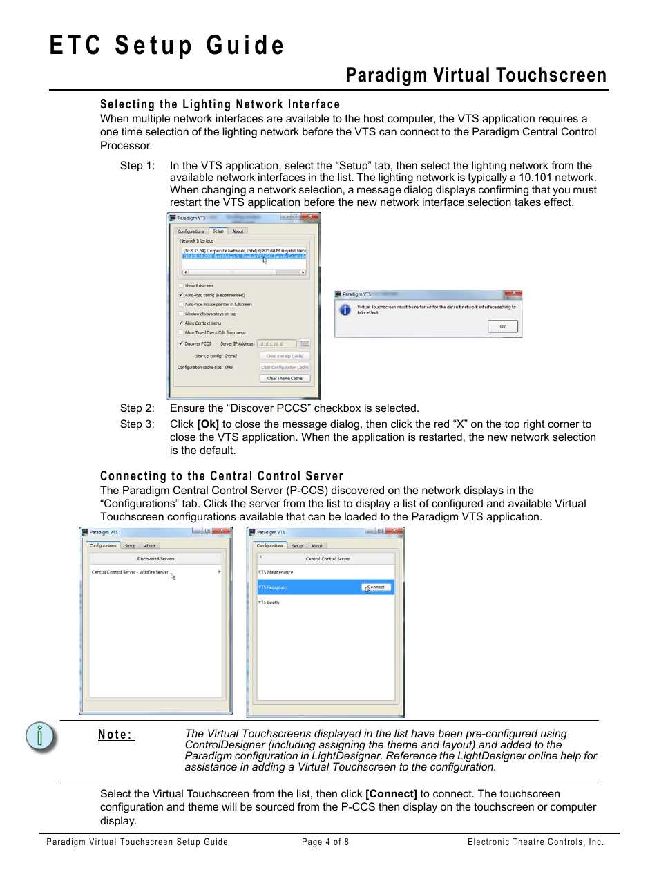 Selecting the lighting network interface, Connecting to the central control server, Connecting to the central | Paradigm virtual touchscreen | ETC Unison Paradigm Virtual Touchscreen User Manual | Page 4 / 8