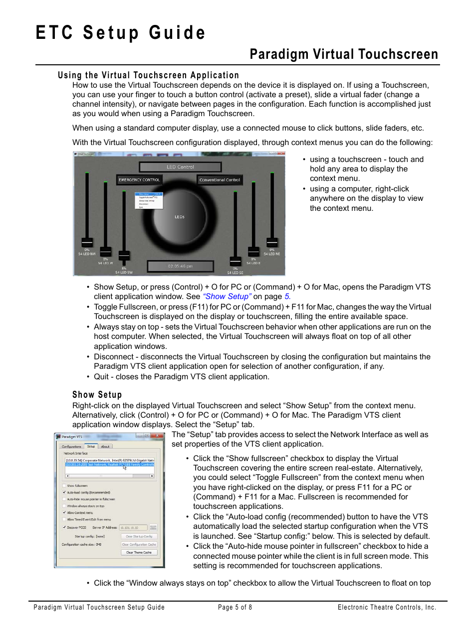 Using the virtual touchscreen application, Show setup, Paradigm virtual touchscreen | ETC Unison Paradigm Virtual Touchscreen User Manual | Page 5 / 8