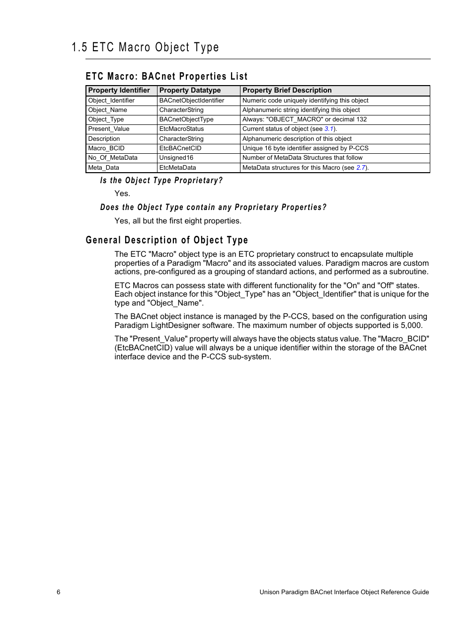 5 etc macro object type, Etc macro: bacnet properties list, General description of object type | ETC Unison Paradigm Central Control Server BACnet Interface Reference Guide User Manual | Page 10 / 40