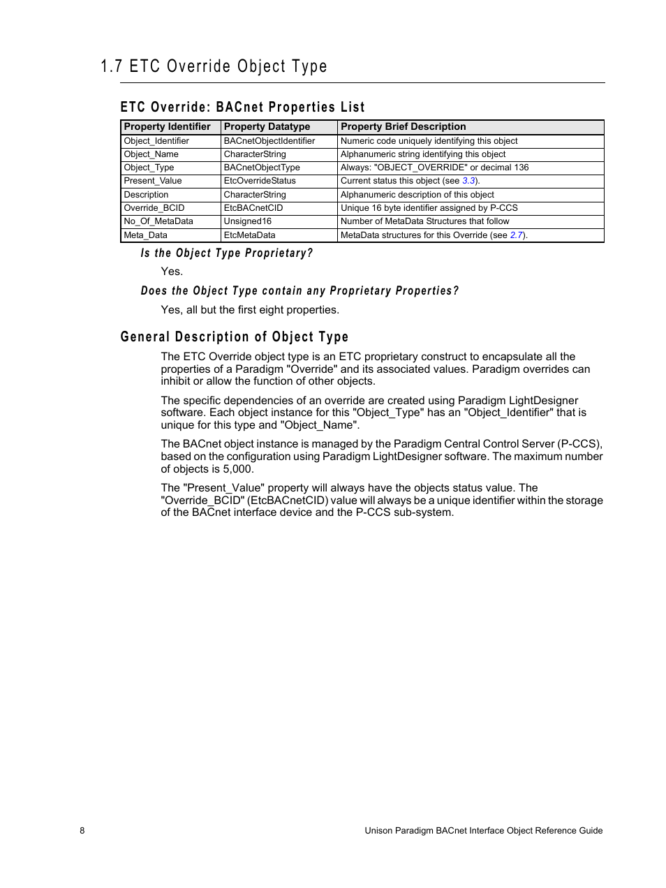 7 etc override object type, Etc override: bacnet properties list, General description of object type | ETC Unison Paradigm Central Control Server BACnet Interface Reference Guide User Manual | Page 12 / 40