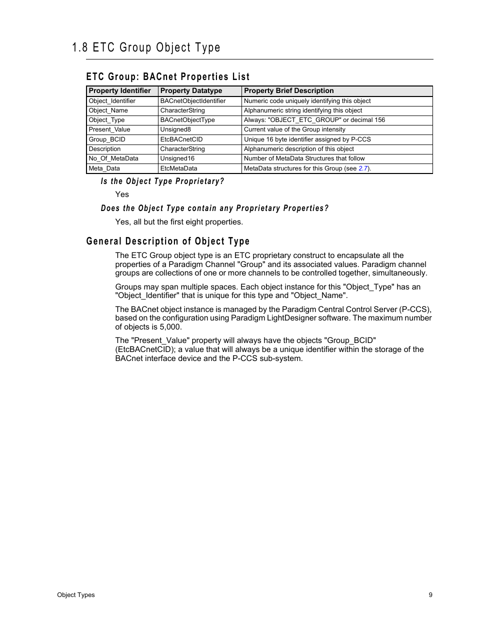 8 etc group object type, Etc group: bacnet properties list, General description of object type | ETC Unison Paradigm Central Control Server BACnet Interface Reference Guide User Manual | Page 13 / 40