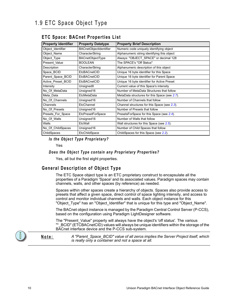 9 etc space object type, Etc space: bacnet properties list, General description of object type | N o t e, Is the object type proprietary | ETC Unison Paradigm Central Control Server BACnet Interface Reference Guide User Manual | Page 14 / 40