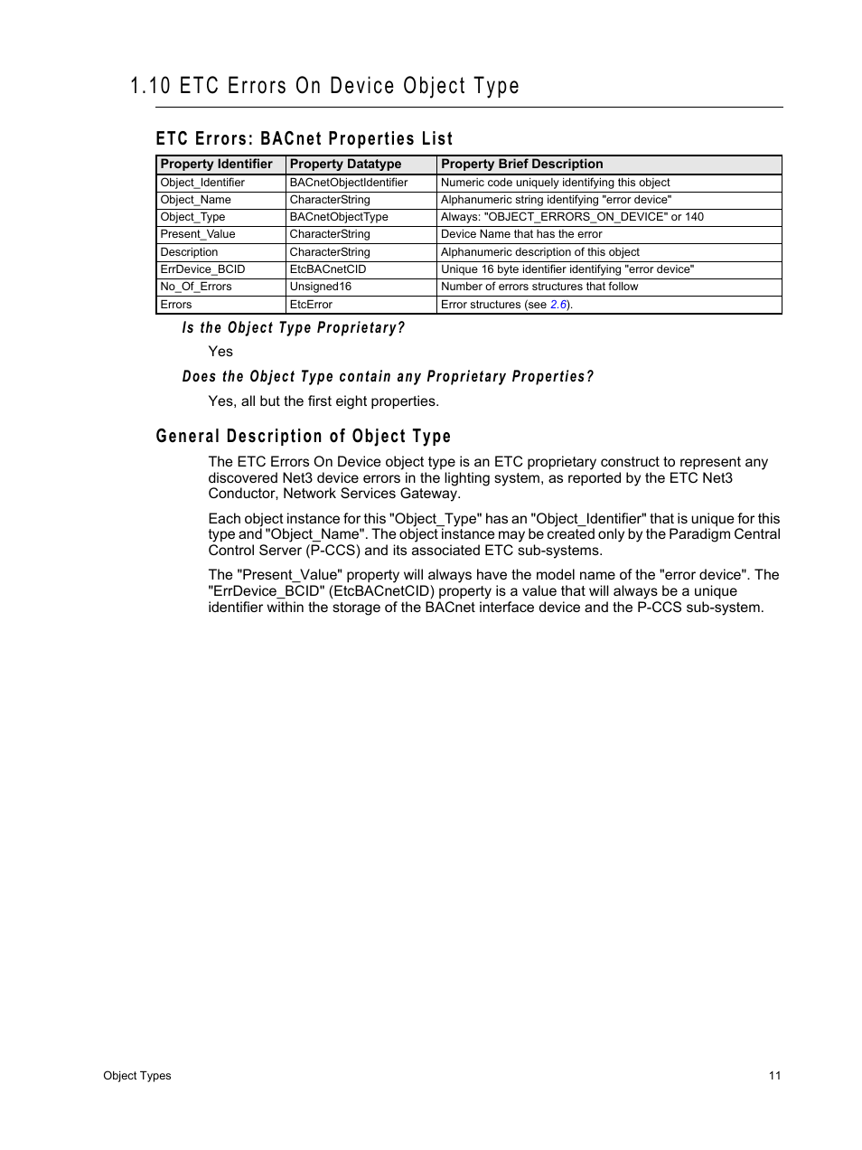 10 etc errors on device object type, Etc errors: bacnet properties list, General description of object type | ETC Unison Paradigm Central Control Server BACnet Interface Reference Guide User Manual | Page 15 / 40