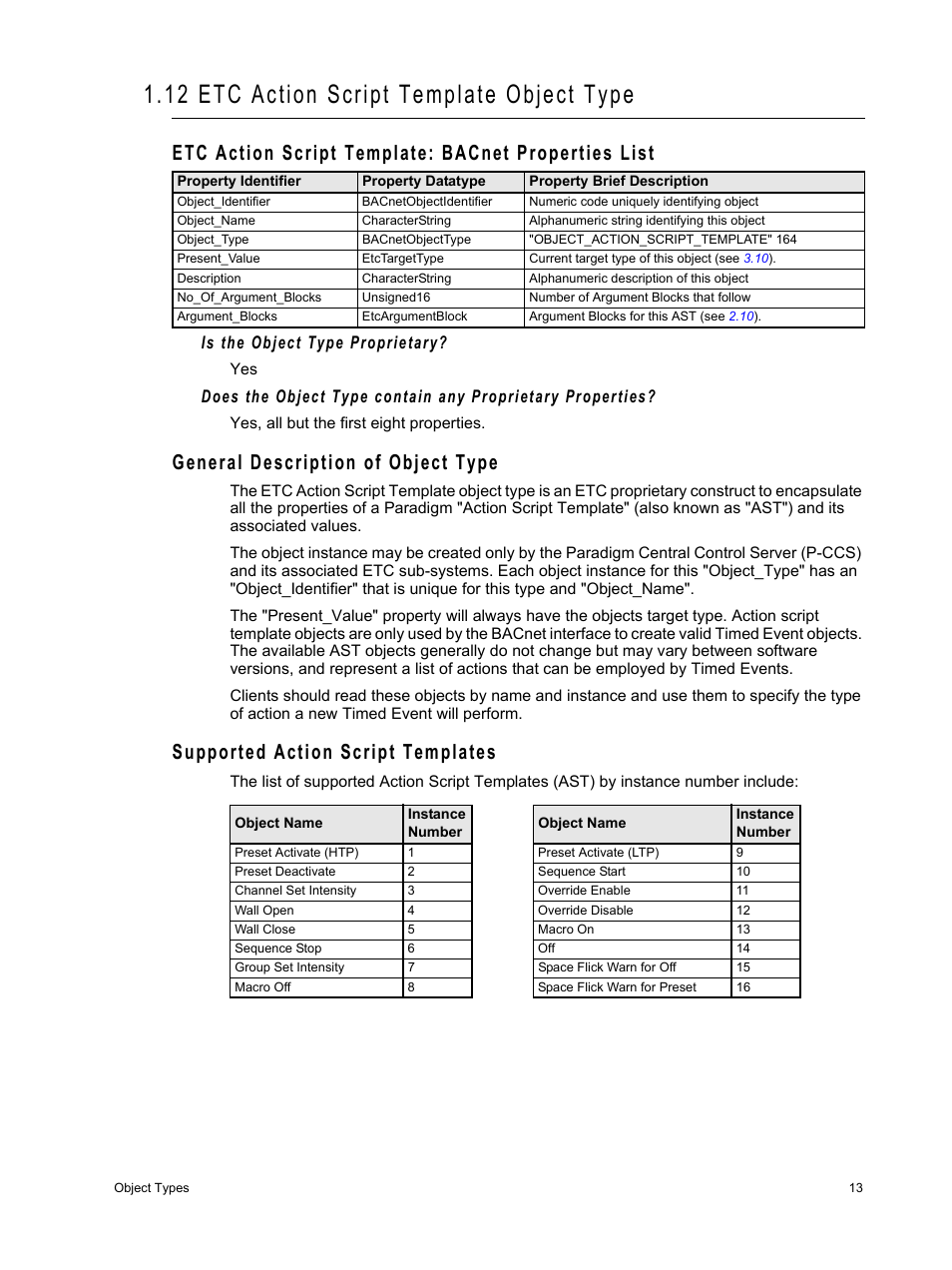 12 etc action script template object type, Etc action script template: bacnet properties list, General description of object type | Supported action script templates, Is the object type proprietary | ETC Unison Paradigm Central Control Server BACnet Interface Reference Guide User Manual | Page 17 / 40