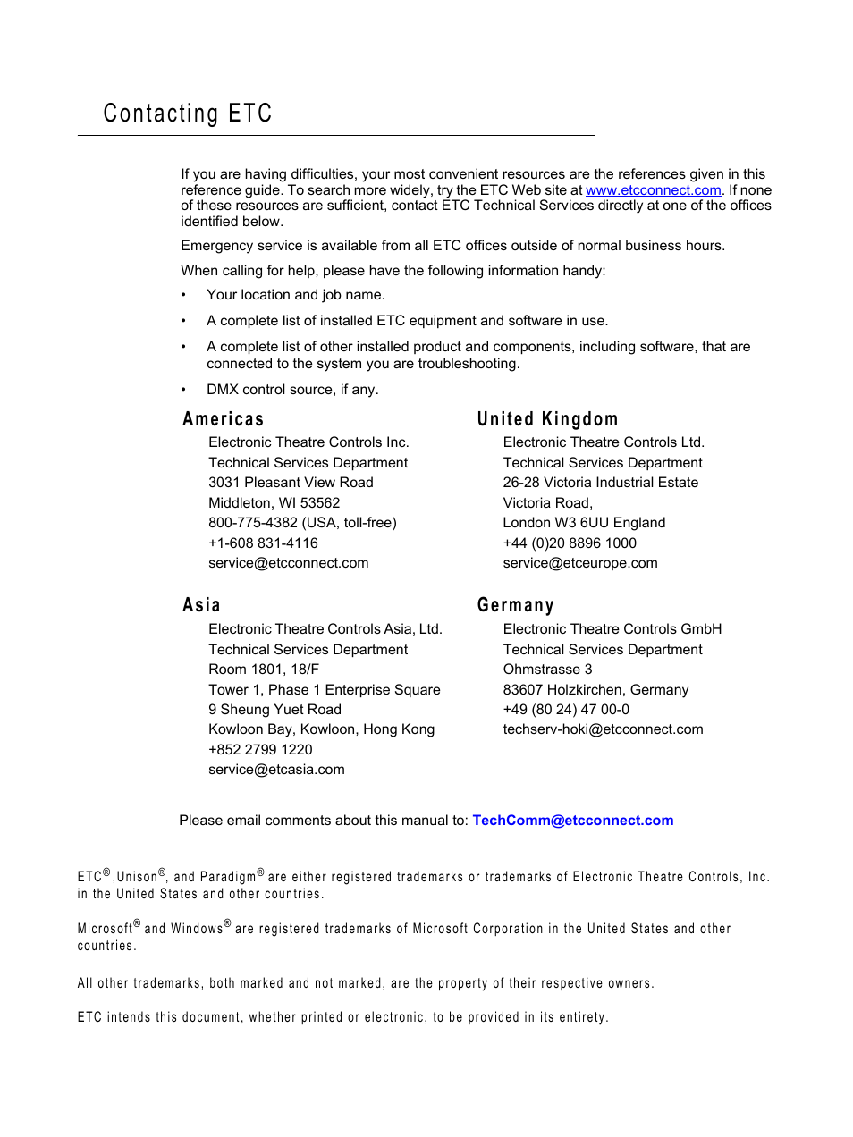 Contacting etc, Americas united kingdom, Asia germany | ETC Unison Paradigm Central Control Server BACnet Interface Reference Guide User Manual | Page 2 / 40