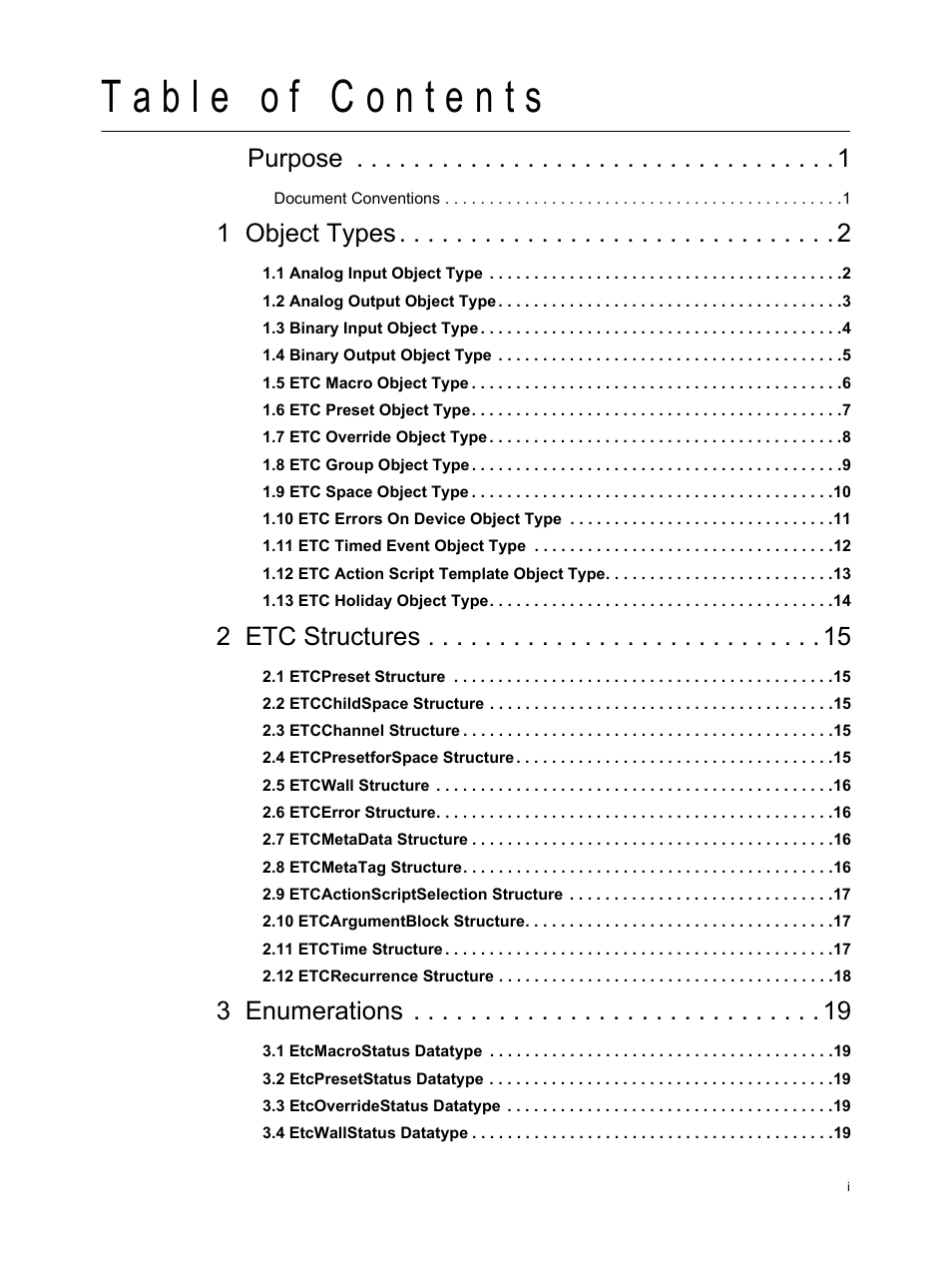 Purpose, 1 object types, 2 etc structures | 3 enumerations | ETC Unison Paradigm Central Control Server BACnet Interface Reference Guide User Manual | Page 3 / 40