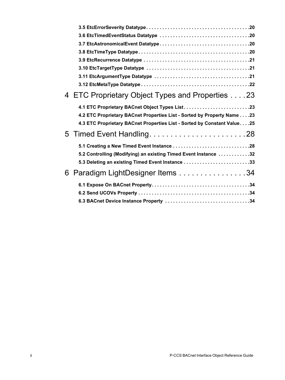 4 etc proprietary object types and properties, 5 timed event handling, 6 paradigm lightdesigner items | ETC Unison Paradigm Central Control Server BACnet Interface Reference Guide User Manual | Page 4 / 40