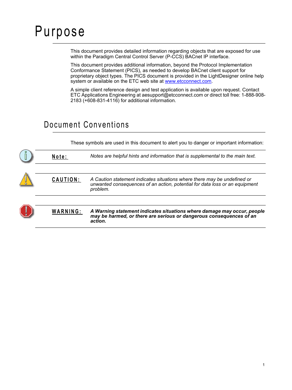 Purpose, Document conventions | ETC Unison Paradigm Central Control Server BACnet Interface Reference Guide User Manual | Page 5 / 40