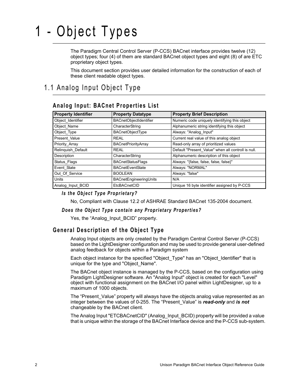 1 - object types, 1 analog input object type, 1 object types | Analog input: bacnet properties list, General description of the object type | ETC Unison Paradigm Central Control Server BACnet Interface Reference Guide User Manual | Page 6 / 40