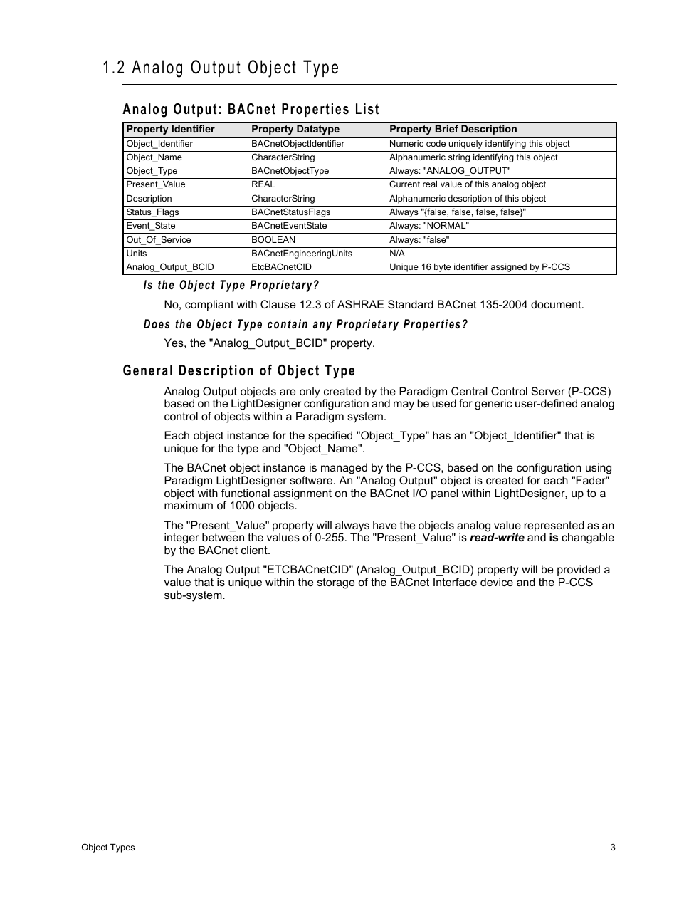 2 analog output object type, Analog output: bacnet properties list, General description of object type | ETC Unison Paradigm Central Control Server BACnet Interface Reference Guide User Manual | Page 7 / 40