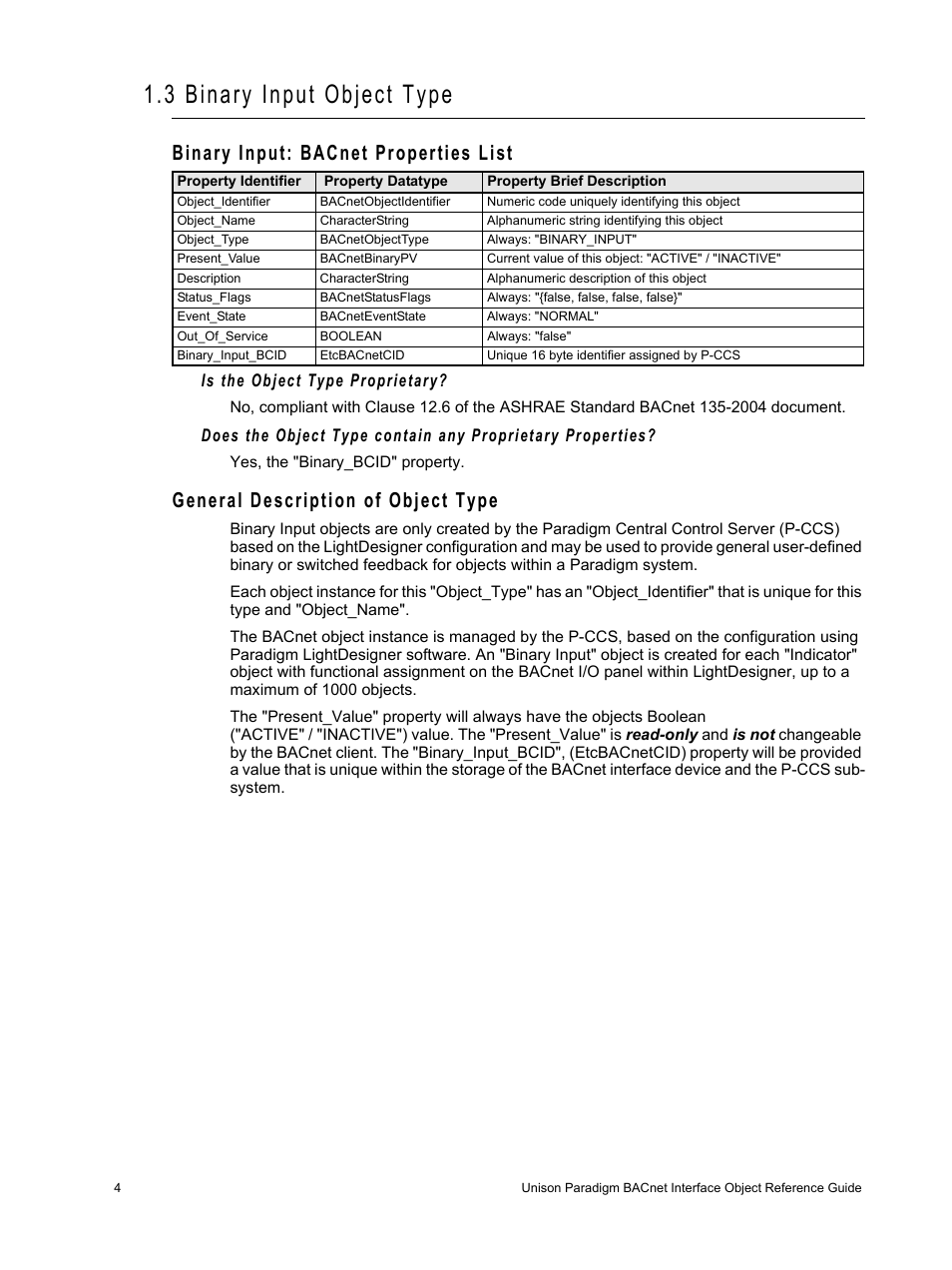 3 binary input object type, Binary input: bacnet properties list, General description of object type | ETC Unison Paradigm Central Control Server BACnet Interface Reference Guide User Manual | Page 8 / 40