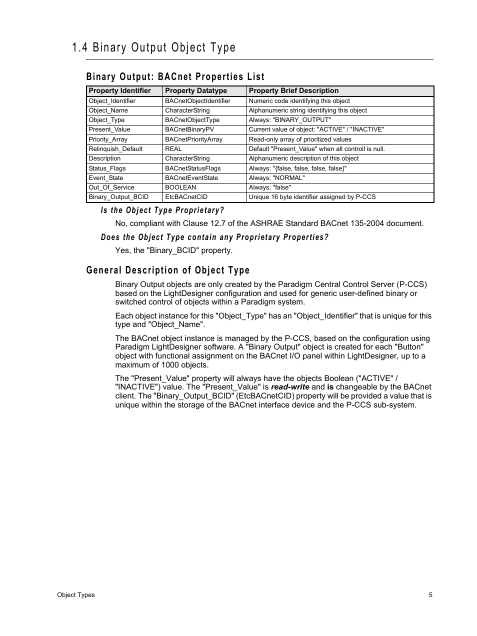 4 binary output object type, Binary output: bacnet properties list, General description of object type | ETC Unison Paradigm Central Control Server BACnet Interface Reference Guide User Manual | Page 9 / 40