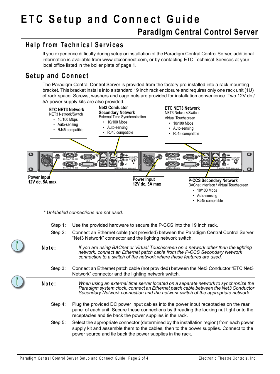Help from technical services, Setup and connect, Paradigm central control server | N o t e | ETC Unison Paradigm Central Control Server Setup Guide User Manual | Page 2 / 4