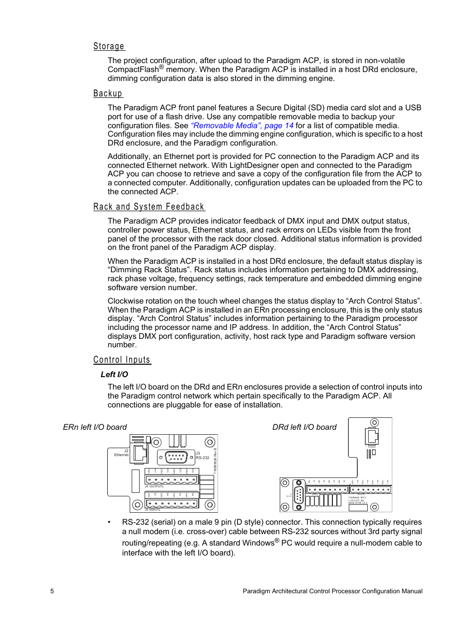 Storage, Backup, Rack and system feedback | Control inputs, Left i/o, Ern left i/o board drd left i/o board | ETC Unison Paradigm ACP Configuration Manual v2.1.2 User Manual | Page 10 / 100