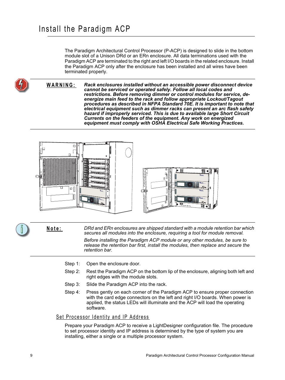 Install the paradigm acp, Set processor identity and ip address, N o t e | ETC Unison Paradigm ACP Configuration Manual v2.1.2 User Manual | Page 14 / 100