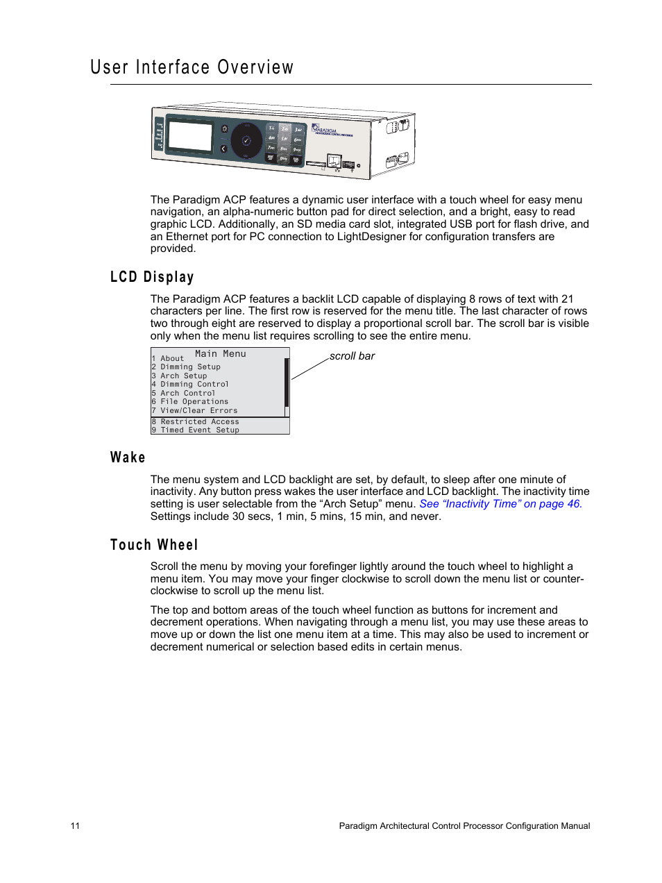 User interface overview, Lcd display, Wake | Touch wheel, Lcd display wake touch wheel | ETC Unison Paradigm ACP Configuration Manual v2.1.2 User Manual | Page 16 / 100