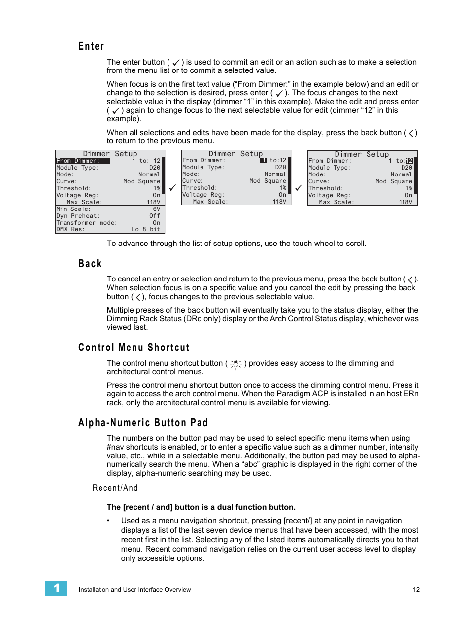 Enter, Back, Control menu shortcut | Alpha-numeric button pad, Recent/and | ETC Unison Paradigm ACP Configuration Manual v2.1.2 User Manual | Page 17 / 100