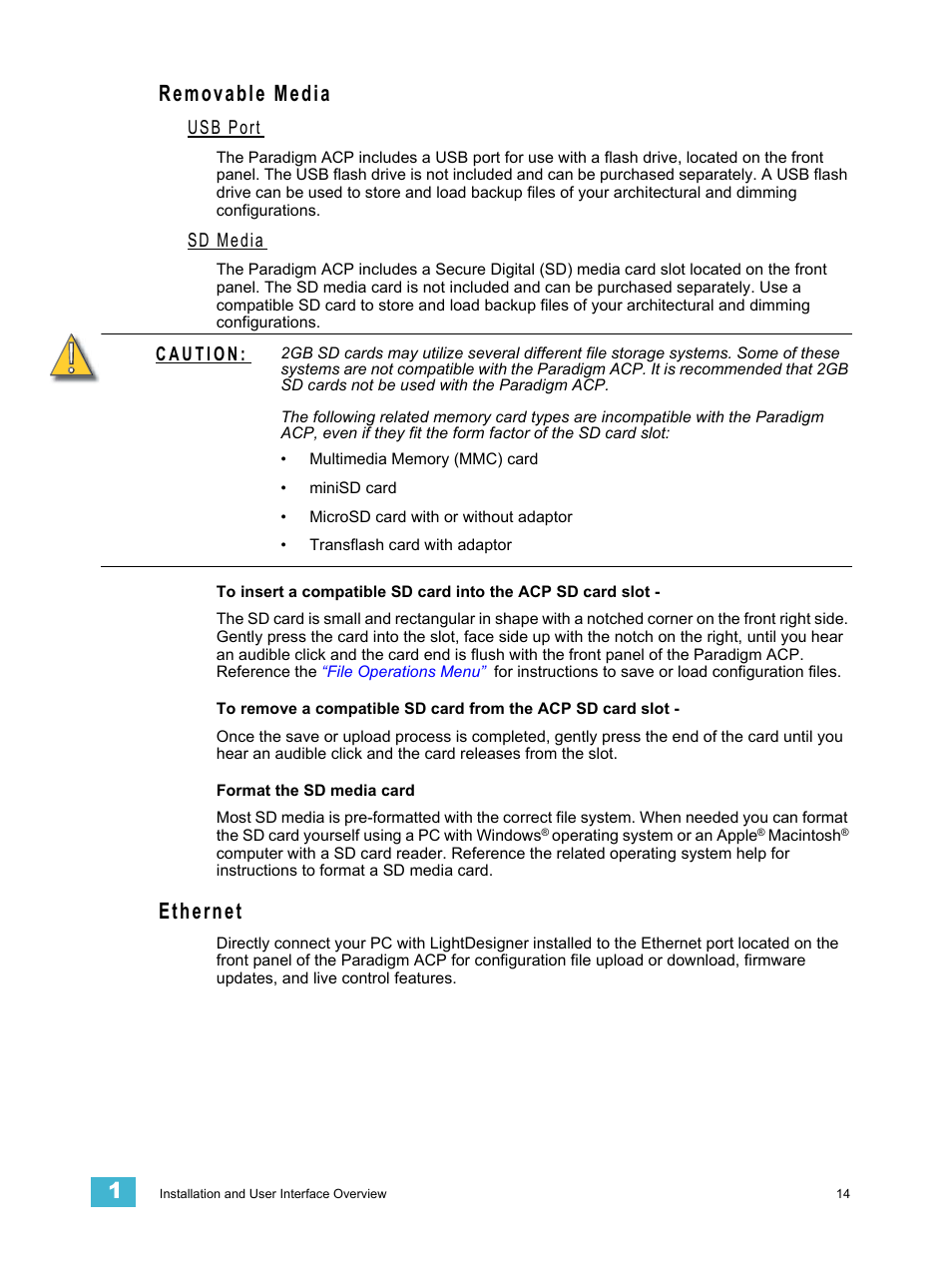 Removable media, Usb port, Sd media | Ethernet, Removable media ethernet | ETC Unison Paradigm ACP Configuration Manual v2.1.2 User Manual | Page 19 / 100