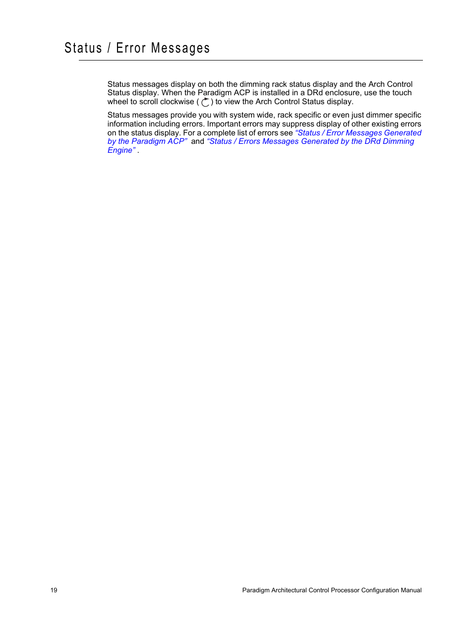 Status / error messages, Status / error messages” on, Status / error | Messages | ETC Unison Paradigm ACP Configuration Manual v2.1.2 User Manual | Page 24 / 100