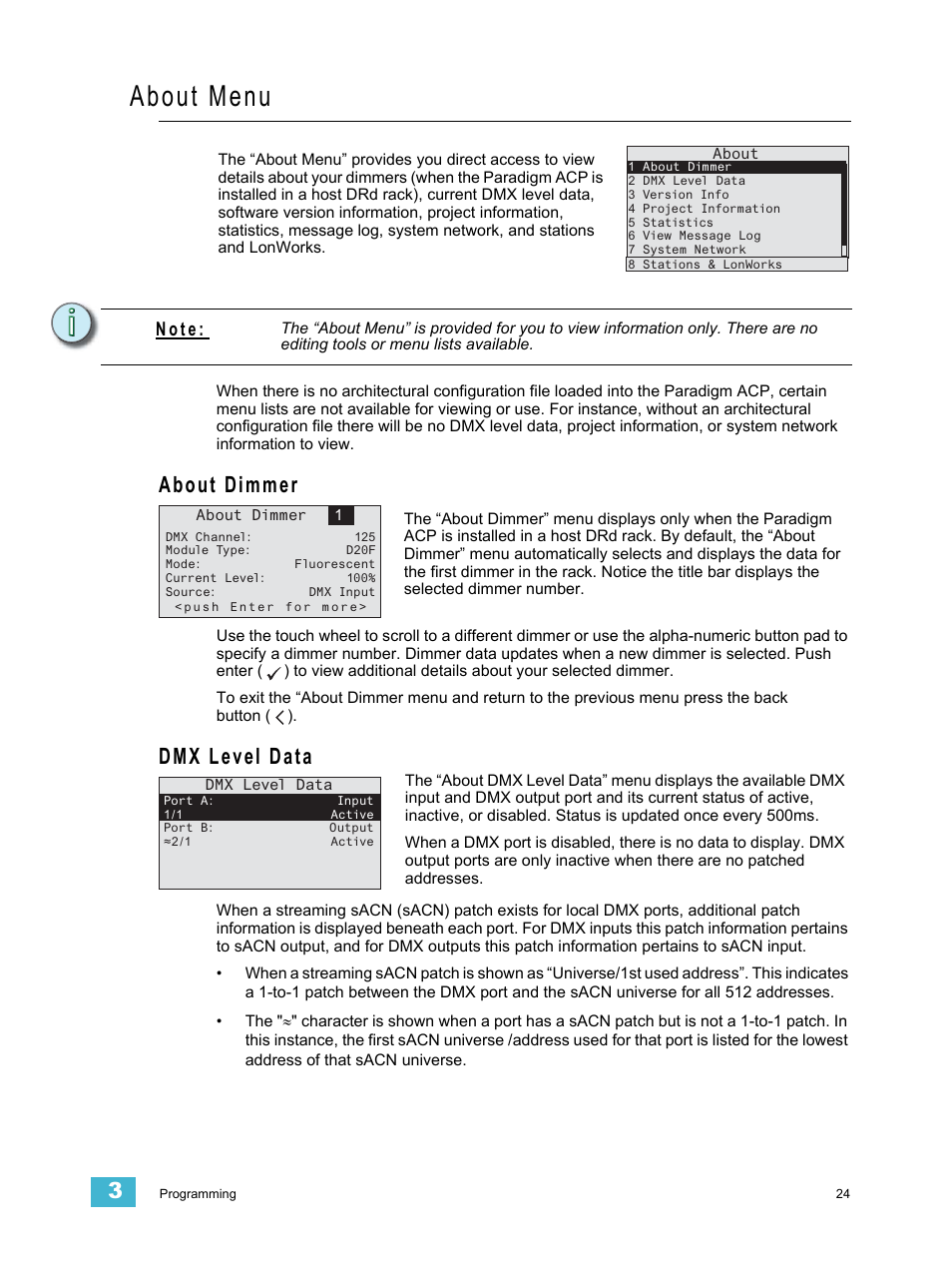 About menu, About dimmer, Dmx level data | About dimmer dmx level data, N o t e | ETC Unison Paradigm ACP Configuration Manual v2.1.2 User Manual | Page 29 / 100