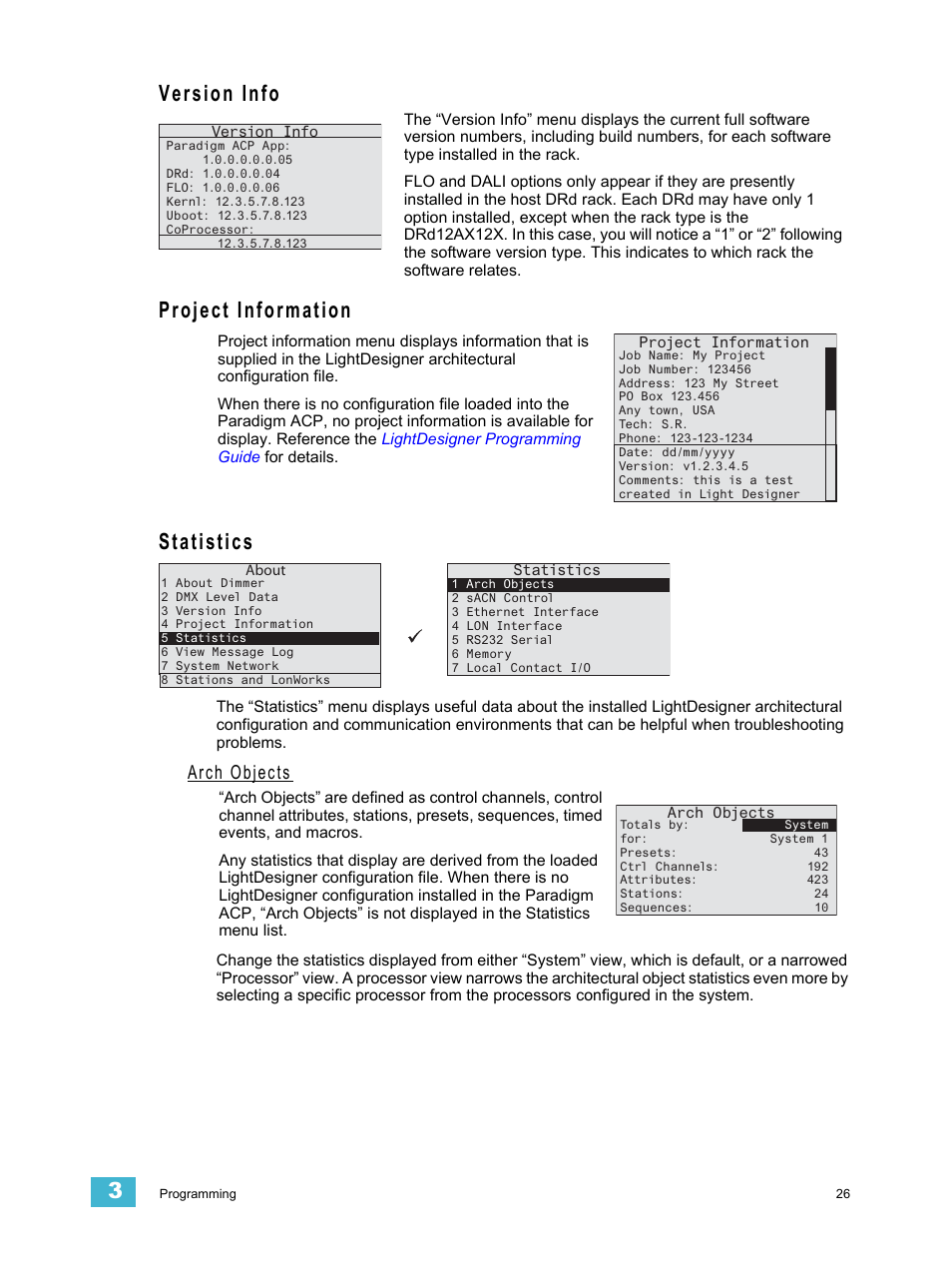 Version info, Project information, Statistics | Arch objects, Version info project information statistics | ETC Unison Paradigm ACP Configuration Manual v2.1.2 User Manual | Page 31 / 100