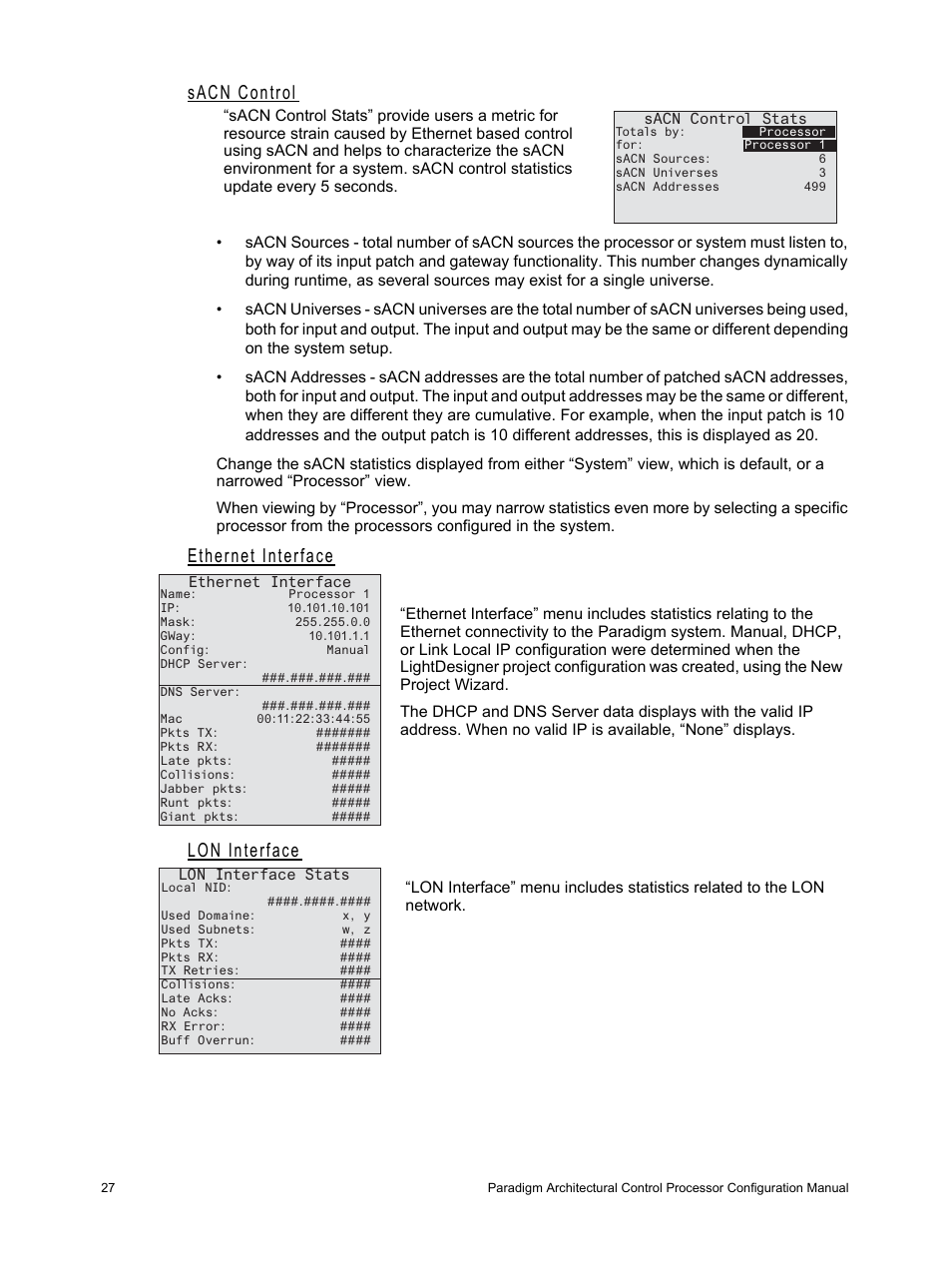 Sacn control, Ethernet interface, Lon interface | Ethernet interface lon interface | ETC Unison Paradigm ACP Configuration Manual v2.1.2 User Manual | Page 32 / 100