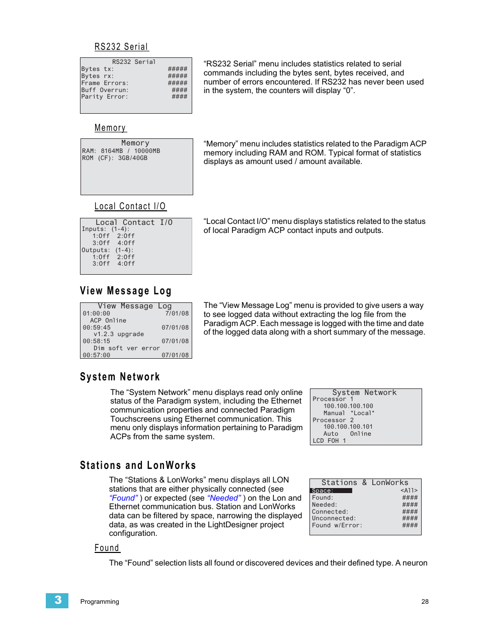 Rs232 serial, Memory, Local contact i/o | View message log, System network, Stations and lonworks, Found | ETC Unison Paradigm ACP Configuration Manual v2.1.2 User Manual | Page 33 / 100