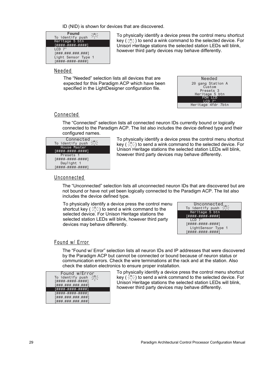 Needed, Connected, Unconnected | Found w/ error, Needed connected | ETC Unison Paradigm ACP Configuration Manual v2.1.2 User Manual | Page 34 / 100