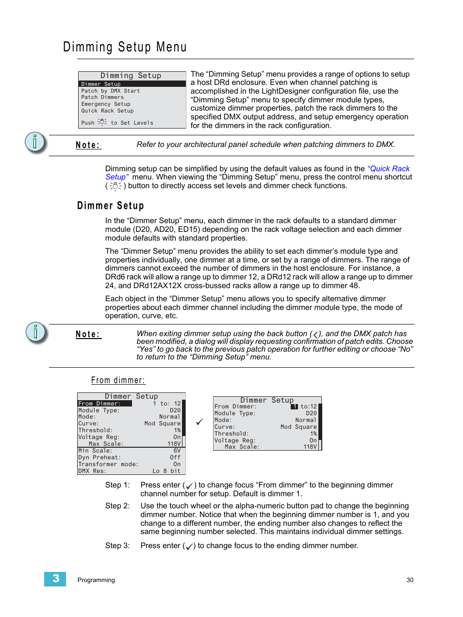 Dimming setup menu, Dimmer setup, From dimmer | Dimming setup, N o t e | ETC Unison Paradigm ACP Configuration Manual v2.1.2 User Manual | Page 35 / 100