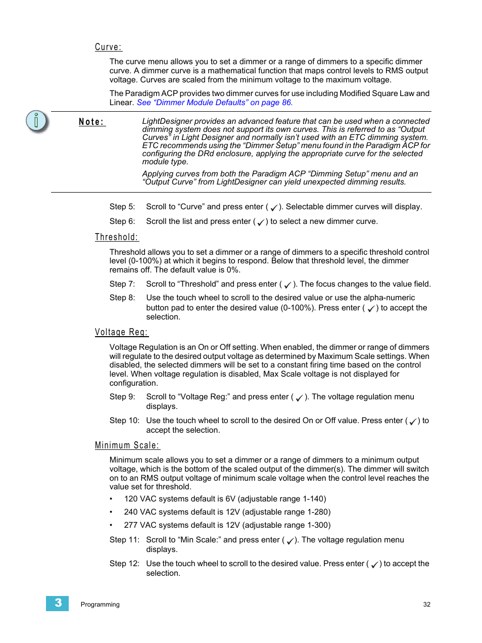 Curve, Threshold, Voltage reg | Minimum scale, N o t e | ETC Unison Paradigm ACP Configuration Manual v2.1.2 User Manual | Page 37 / 100