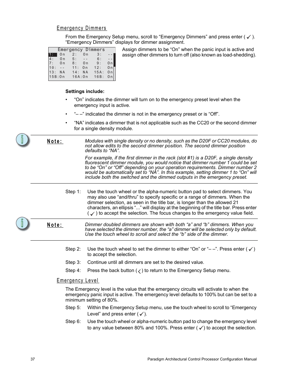 Emergency dimmers, Emergency level, N o t e | ETC Unison Paradigm ACP Configuration Manual v2.1.2 User Manual | Page 42 / 100