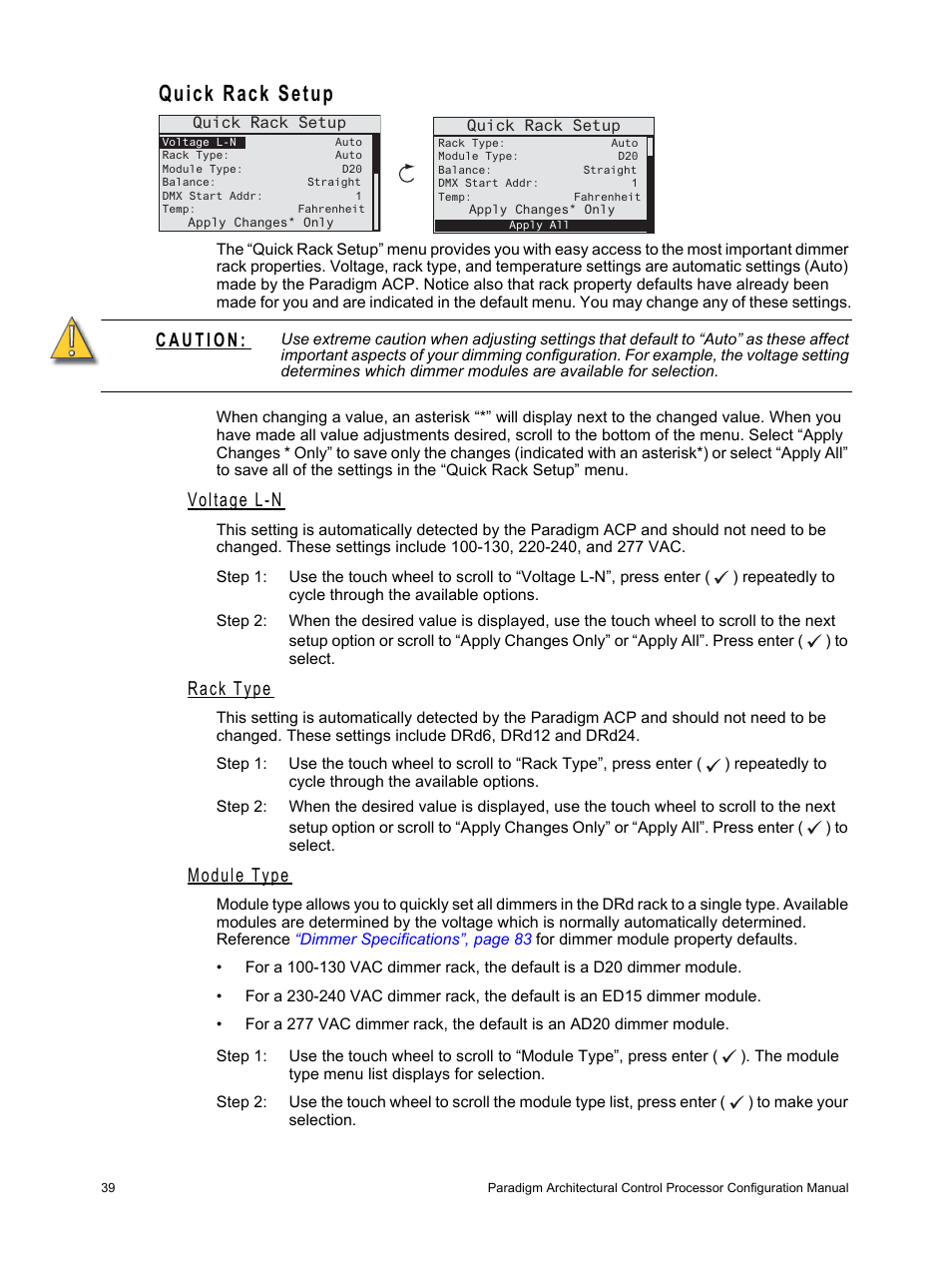 Quick rack setup, Voltage l-n, Rack type | Module type | ETC Unison Paradigm ACP Configuration Manual v2.1.2 User Manual | Page 44 / 100