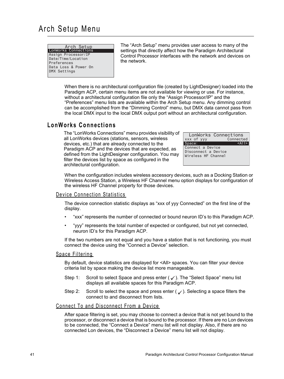 Arch setup menu, Lonworks connections, Device connection statistics | Space filtering, Connect to and disconnect from a device | ETC Unison Paradigm ACP Configuration Manual v2.1.2 User Manual | Page 46 / 100