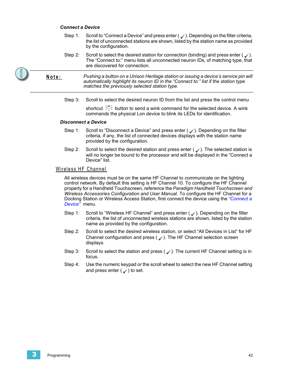 Connect a device, Disconnect a device, Wireless hf channel | N o t e | ETC Unison Paradigm ACP Configuration Manual v2.1.2 User Manual | Page 47 / 100