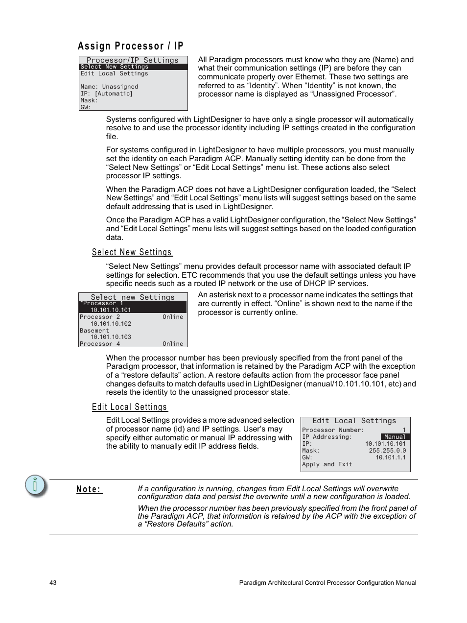 Assign processor / ip, Select new settings, Edit local settings | Ence | ETC Unison Paradigm ACP Configuration Manual v2.1.2 User Manual | Page 48 / 100