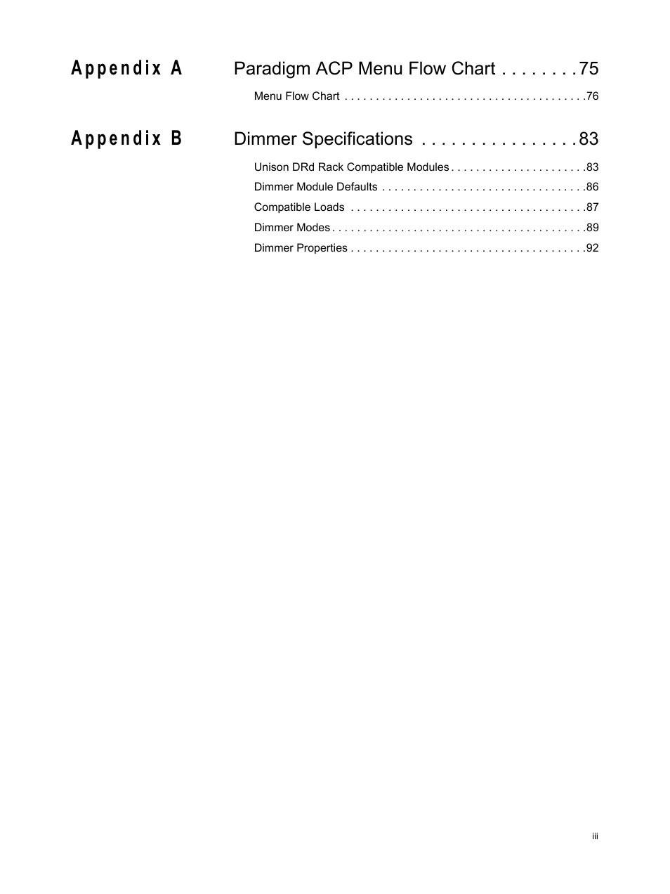Paradigm acp menu flow chart, Dimmer specifications | ETC Unison Paradigm ACP Configuration Manual v2.1.2 User Manual | Page 5 / 100