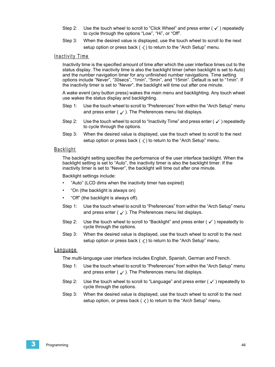 Inactivity time, Backlight, Language | ETC Unison Paradigm ACP Configuration Manual v2.1.2 User Manual | Page 51 / 100