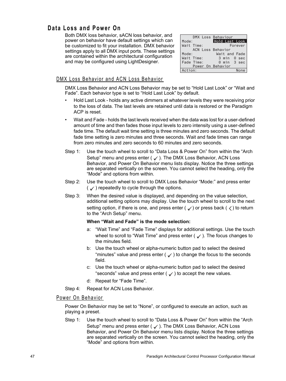 Data loss and power on, Dmx loss behavior and acn loss behavior, Power on behavior | ETC Unison Paradigm ACP Configuration Manual v2.1.2 User Manual | Page 52 / 100