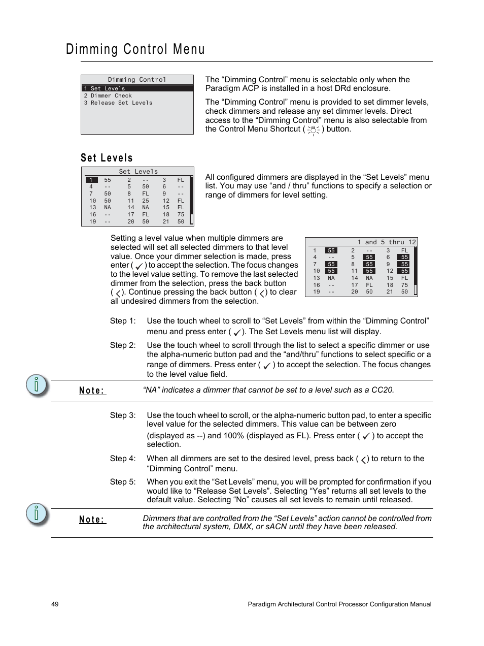 Dimming control menu, Set levels, N o t e | ETC Unison Paradigm ACP Configuration Manual v2.1.2 User Manual | Page 54 / 100