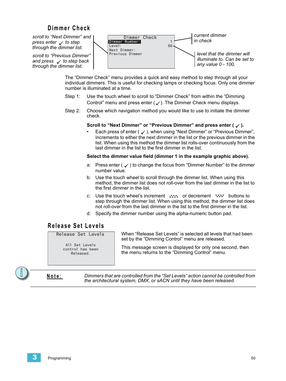 Dimmer check, Release set levels, Dimmer check release set levels | N o t e | ETC Unison Paradigm ACP Configuration Manual v2.1.2 User Manual | Page 55 / 100