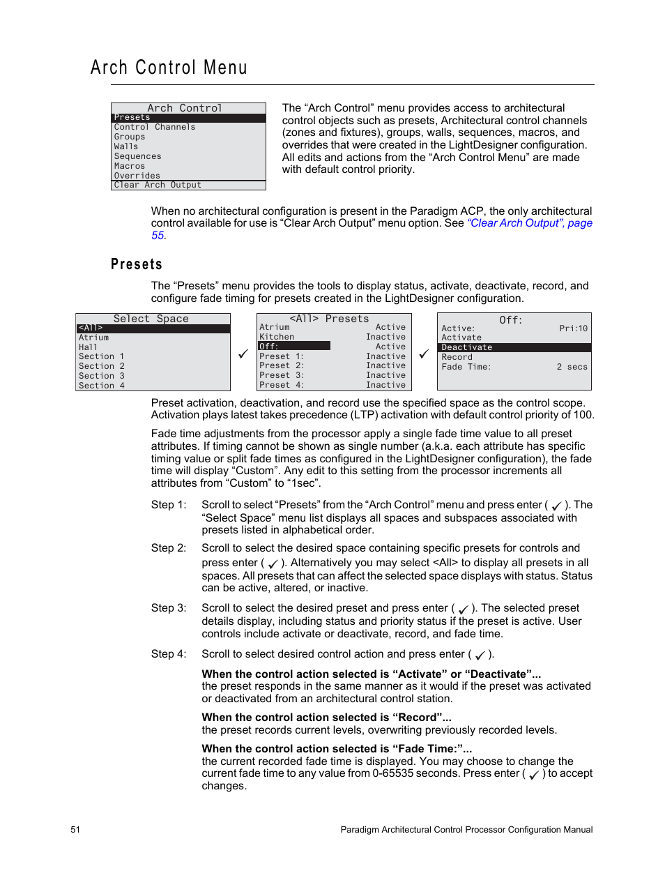 Arch control menu, Presets | ETC Unison Paradigm ACP Configuration Manual v2.1.2 User Manual | Page 56 / 100