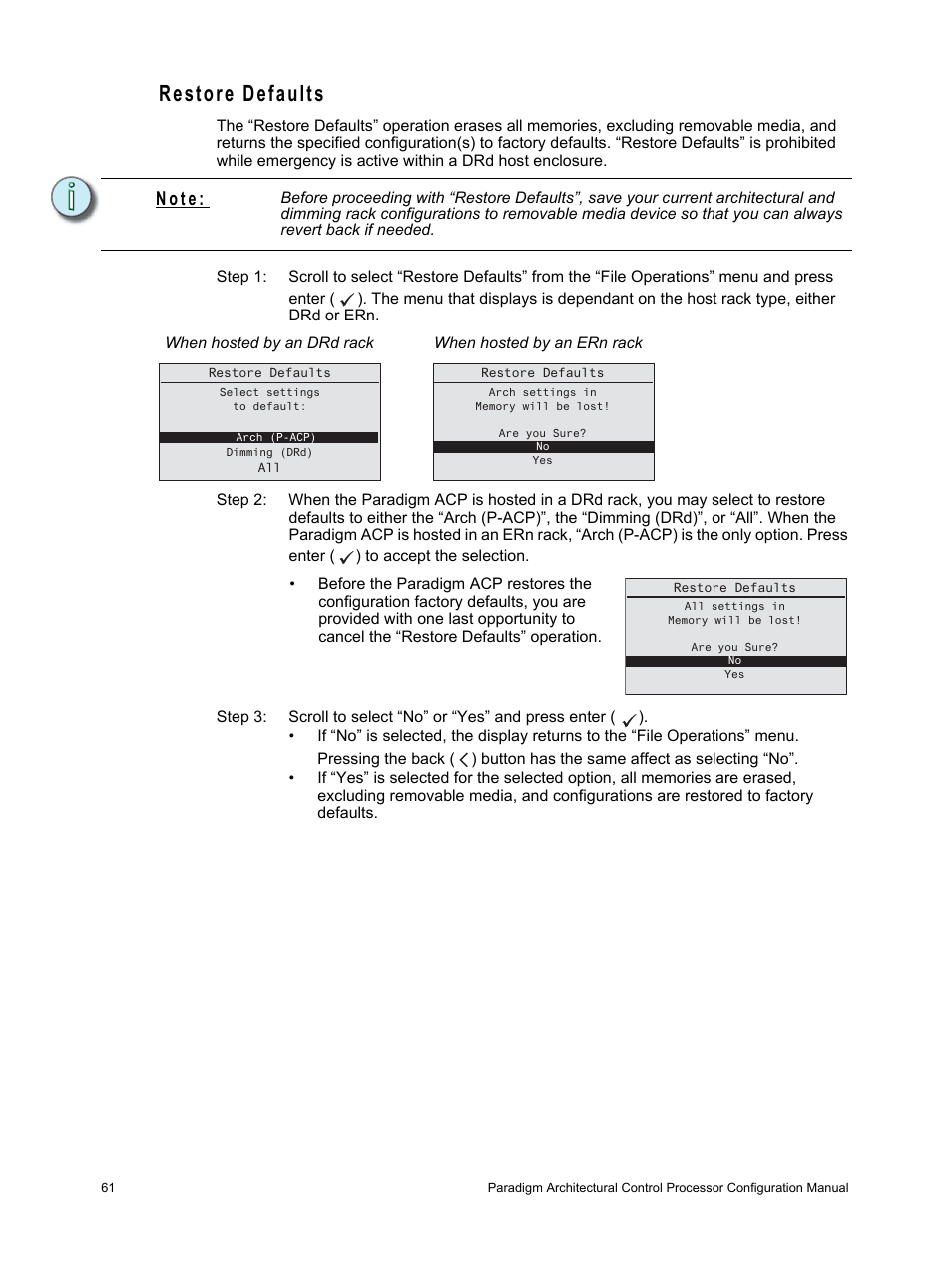 Restore defaults, N o t e | ETC Unison Paradigm ACP Configuration Manual v2.1.2 User Manual | Page 66 / 100