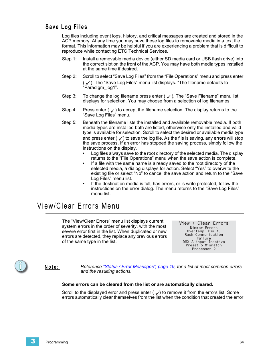 Save log files, View/clear errors menu, E lcd | See “view/clear errors menu” on, N o t e | ETC Unison Paradigm ACP Configuration Manual v2.1.2 User Manual | Page 69 / 100